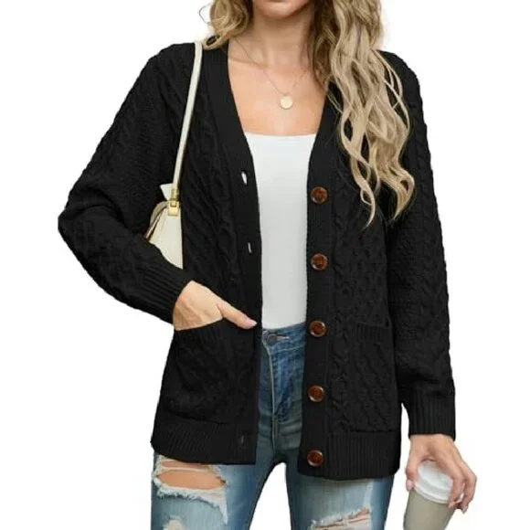 Long Sleeve Cable Knit Cardigan with Pockets, Loose Fit, 100% Acrylic - Picture 2 of 8